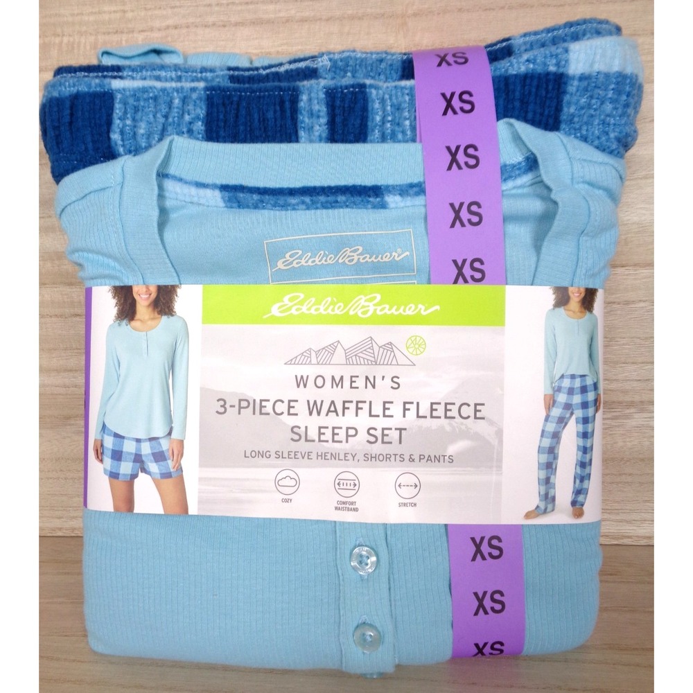 Eddie Bauer Women's 3-Piece Waffle Fleece Sleep Set Pajamas Size XS‎ Blue